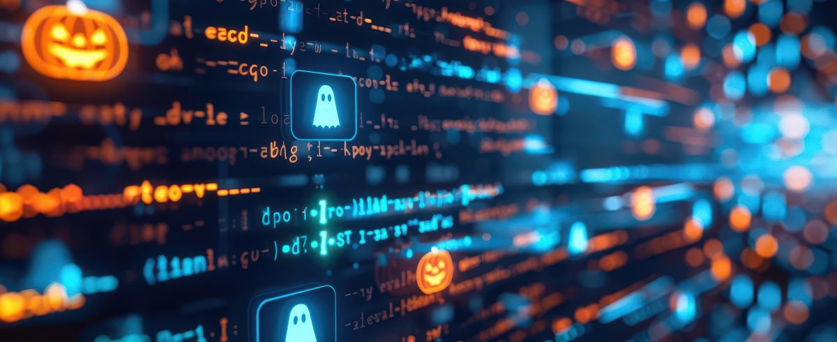 A Computer Screen Displaying Halloweenthemed Code With Spooky Icons Like Ghosts And Pumpkins